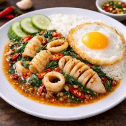 ข้าว+กระเพราปลาหมึก