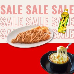 [SALE!!] พิชแอนด์ชิปส์+มันบดชีส+ทีพลัสอู่หลงฮันนี่เลมอน