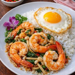 ข้าวผัดกะเพรากุ้ง+เห็ด