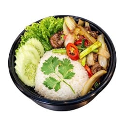 ข้าวตุ๋นเนื้อผัดหอม เสิร์ฟพร้อม ไข่ต้ม