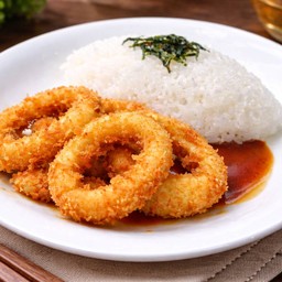 ข้าวหน้า ปลาหมึกทอด (เลือกซอสได้ค่ะ) ข้าวญี่ปุ่น