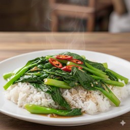 ผัดคะน้าปลาอินทรีย์ราดข้าว