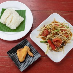 [เซตสุดฮิต] ตำปูปลาร้า + ข้าวเหนียวขาว + ปีกเต็มทอด