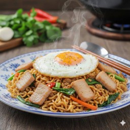 ผัดมาม่ากะเพราหมูชิ้น