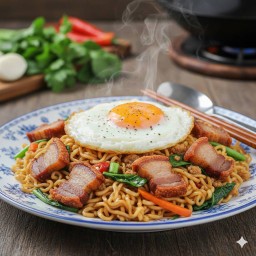 ผัดมาม่ากะเพราหมูกรอบ