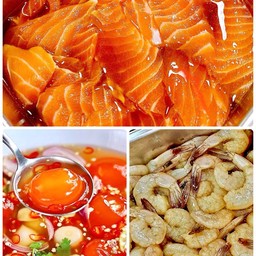 ชุดดอง 3 สหาย กุ้งดอง 4 ตัว + แซลมอน 3 ชิ้น + ไข่แดง 2 ฟอง