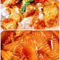 ชุด ข้าวกะเพราหมูกรอบ+แซลมอนดอง 5 ชิ้น