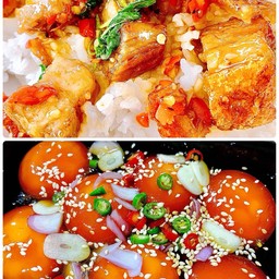 ชุด ข้าวกะเพราหมูกรอบ+ไข่แดงดอง 2 ฟอง