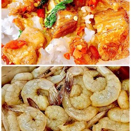 ชุด ข้าวกะเพราหมูกรอบ+กุ้งดอง 5 ตัว