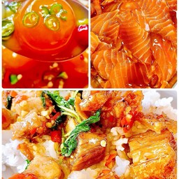 ชุดเซต ข้าวกะเพราหมูกรอบ+แซลมอนดอง 5 ชิ้น+ไข่แดงดอง 1 ฟอง