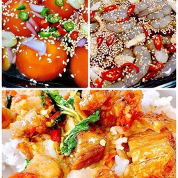 ชุดเซต ข้าวกะเพราหมูกรอบ+กุ้งดอง 5 ตัว+ไข่แดงดอง 1 ฟอง