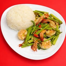 (ยอดผัดบุ้งไทย) ผัดน้ำมันหอยราดข้าว