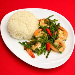 (ผักกูด) ผัดน้ำมันหอยราดข้าว