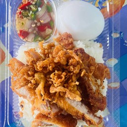 ข้าวหมูทอด+ไข่ต้มยางมะตูม(ไข่เป็ด1ลูก)
