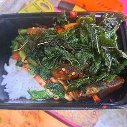 กระเพาไข่เยี้ยวม้า+หมูราดข้าว