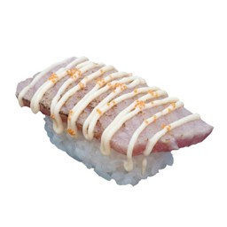 A21 ซูชิมากุโระเบิร์นซอสมายองเนสไข่กุ้ง (Seared Maguro with Mayonnaise and Ebiko Sauce sushi)