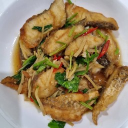 ปลากระพงผัดคื่นฉ่าย ราดข้าว