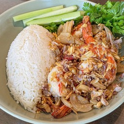 กุ้งกากทอดกระเทียมราดข้าว