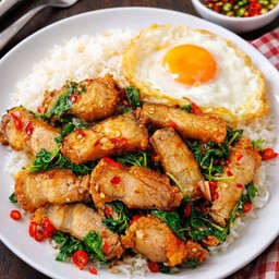 ข้าวผัดกะเพราหมูกรอบ+หมูสับ