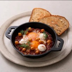 Two free-range eggs poached in red pepper sauce, spiced labneh, crispy chickpeas with sourdough.