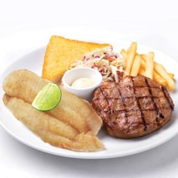 สเต็กหมูพริกไทยดำ+สเต็กปลาดอลลี่ย่างเนย