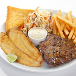 สเต็กคอหมูย่างกระเทียมพริกไทยดำ+สเต็กปลาดอลลี่ย่างเนย