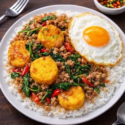 ข้าวผัดกะเพราหมูสับ+เต้าหู้ไข่ทอด