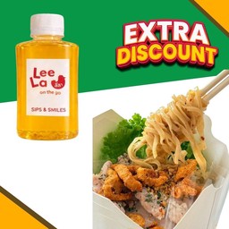 บะหมี่เส้นแบนหมูต้มยำมะนาวสด (มีส่วนผสมของถั่ว)+ น้ำเก๊กฮวยวุ้นเยลลี่