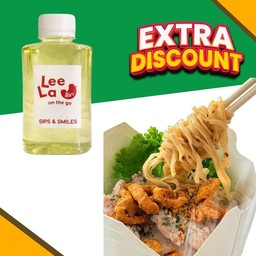 บะหมี่เส้นแบนหมูต้มยำมะนาวสด (มีส่วนผสมของถั่ว)+ น้ำใบเตยวุ้นเยลลี่