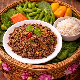 ชุดข้าวลาบคั่วหมู+ผักสด+แคปหมู+ไข่ต้ม