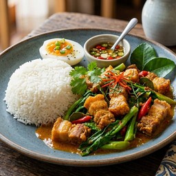 ข้าวเครื่องแกงคะน้าหมูกรอบ