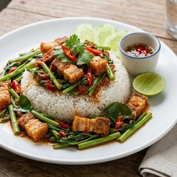 ข้าว เครื่องแกงผักบุ้งหมูกรอบ