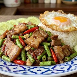 ข้าว หมูผัดกะปิถั่วฝักยาว