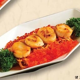 เส้นแองเจิ้ลแอร์ผัดซอสท็อปหอยเชลล์ไข่ปลาแซลมอน + ไข่กุ้ง