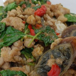 กะเพราหมูสับไข่เยี่ยวม้า ราดข้าว