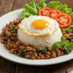 ข้าวกระเพราหมูสับผัดพริกแห้งไข้ดาว