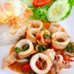 ผัดกระเพาปลาหมึกราดข้าว