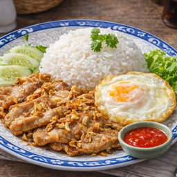 ข้าวหมูชิ้นทอดกระเทียม Rice with fried pork slices and garlic