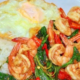 ข้าวกะเพรากุ้ง +ไข่ดาว1 ฟอง (กุ้ง7-8ตัว)
