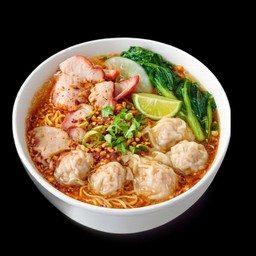 บะหมี่จับกังต้มยำ+เกี๊ยวเนื้อเด้ง+เนื้อแดง