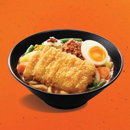 อุด้งแกงกะหรี่หม่าล่าไก่ชุบเกล็ดขนมปังทอดและผักรวม