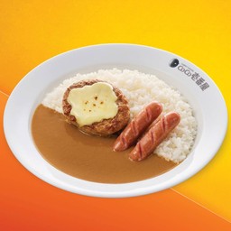 ข้าวแกงกะหรี่แฮมเบอร์เกอร์เนื้อชีสและไส้กรอกหมู