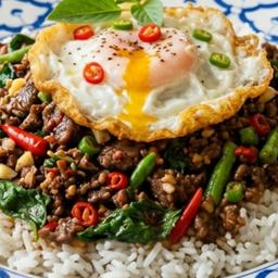 ข้าวกระเพราเนื้อสับคั่วแห้งไข้ดาวกรอบ