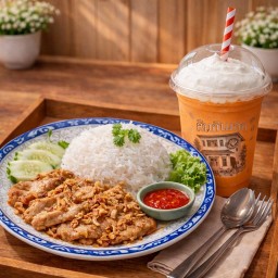 ข้าวหมูชิ้นทอดกระเทียม+ชา