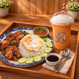 ข้าวผัดกระเพราซี่โครงหมูตุ๋น+ชา
