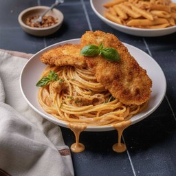 Spaghetti rose chicken schnitzel