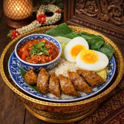 ชุดข้าว+น้ำพริกอ่อง+ไส้อั่ว+ไข่ต้ม+ผักลวก