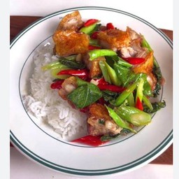 ข้าว ยอดคะน้า หมูกรอบ