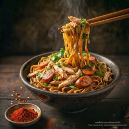 คุณซือรวมมิตรคลุกซอสไก่บดและไก่ฉีกไส้กรอก (เลือกเส้น)