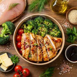 Healthy & Delicious=อกไก่300gย่างซอสพริกไทยดำ&บล็อกโคลี่+มะเขือเทศกริลล์สมุนไพร
